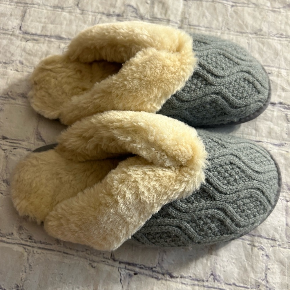 LAMO CAROLINE KNIT SCUFF BLUE GREY FAUX SHEARLING CREAM COZY SLIPPERS WOMEN’S 8